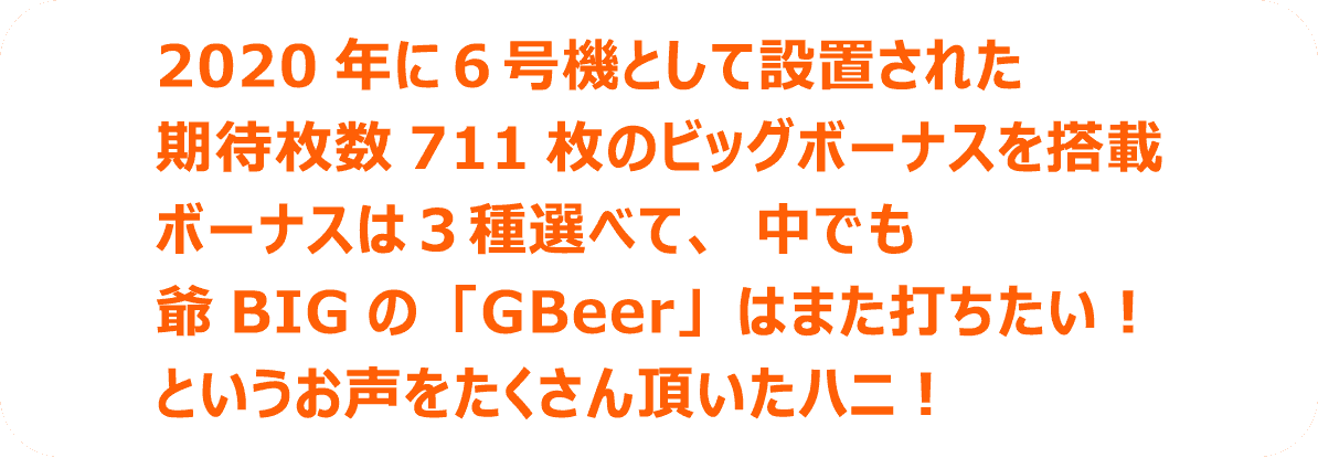 2020年に6号機として設置された期待枚数711枚のビッグボーナスを搭載ボーナスは3種選べて、中でも爺BIGの「GBeer」はまた打ちたい！というお声をたくさん頂いたハニ！